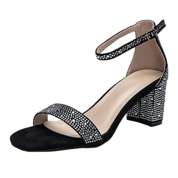 XYD Women Open Toe Studded Rhinestone Low Block Heel Bejeweled Sandal Pumps - Picture 1 of 8
